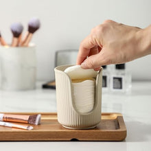 Load image into Gallery viewer, Dobbyby Ceramic Bathroom Cup Dispenser with Stylish Vertical Stripes - Disposable Mouthwash Cup Holder Holds 3-4oz Paper Cups for Rinsing Cups on Bathroom Vanity Countertops (Matte Beige)
