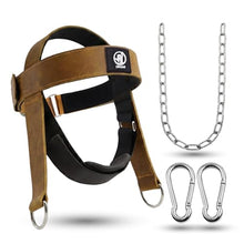 Load image into Gallery viewer, Leather Neck Harness for Weight Lifting – Adjustable Head Strap with Heavy-Duty Steel Chain &amp; Microfiber Padding – Neck Exerciser for Bodybuilding, Boxers &amp; Gym Workout (Brown)
