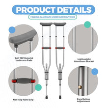 Load image into Gallery viewer, Geiserailie 1 Pair Aluminum Underarm Crutches Lightweight Crutches with Height Adjustment up to 300 Lbs Walking Aid for Adults Elder Range 4'6”– 6'6” with Underarm Pad and Hand Grip
