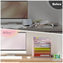 Load image into Gallery viewer, Docnest 5 Tier Mesh Desk Organizer for Paper Office Supplies – Multi-Functional Letter Tray with 5 Adjustable Compartments, 3 Pen Holders, Desktop Storage for Files, Mail, Stationery – Pink
