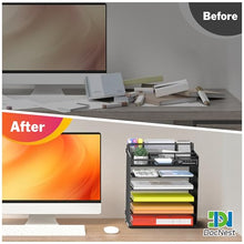 Load image into Gallery viewer, Docnest 6 Tier Mesh Desk Organizer for Paper Office Supplies – Multi-Functional Letter Tray with 5 Adjustable Compartments, 3 Pen Holders, Desktop Storage for Files, Mail, Stationery – Black
