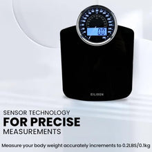 Load image into Gallery viewer, EILISON Highly Advance 2-in-1 Digital &amp; Analog Weighing Scale for Body Weight-400lbs, 4 High Precison GX Sensor Accurate, Thick Tempered Glass, Extra Large Display (Black)
