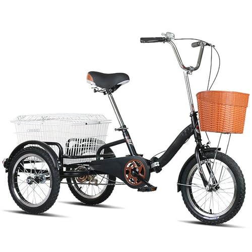 Black, Style 2, Adult Tricycle,16 inch 3-Wheels Trike Bicycle Lightweight Foldable Bikes for The Elderly, Human-Powered Pedal Tricycle
