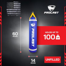 Load image into Gallery viewer, PROLAST Heavy Punching Kicking Bag for Adults, Boxing, MMA, Martial Arts, Muay Thai, Strength Training Equipment, Unfilled, 5ft, 100 lbs, Vertical Logo, Blue
