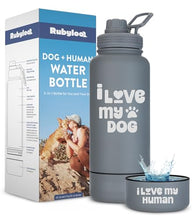 Load image into Gallery viewer, Dog Water Bottle for Dog Lovers - 32 oz Stainless Steel Double Wall Insulated Water Bottle with 8 oz Detachable Bowl on Bottom- Ideal Doggy Lover Gift for Hiking, Walking, Travel - “Love" Smoky Grey

