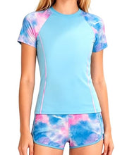 Load image into Gallery viewer, DOCUMO Girls Rash Guard Swimsuit 2-Piece Short Sleeve Colorblock Quick Dry Bathing Suit UPF 50+ Beach Swimwear Size 6-15Y (Tie Dye# Blue, X-Large)
