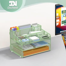 Load image into Gallery viewer, Docnest 3 Tier Mesh Desk Organizer for Paper Office Supplies – Multi-Functional Letter Tray with 5 Adjustable Compartments, 3 Pen Holders, Desktop Storage for Files, Mail, Stationery – Green
