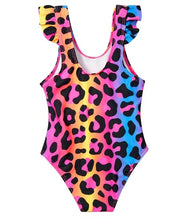 Load image into Gallery viewer, DOCUMO Girls One Piece Swimsuit Ruffle Quick Dry Bathing Suit for Kids 6-15Y, Tropical/Leopard/Tie Dye Printed Beach Swimsuit (Leopard, X-Large)
