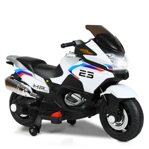 Kids Motorcycle, 12V Battery Powered Electric Motorbike w/Training Wheels, LED Lights, Foot Pedal & Spring Suspension (White)