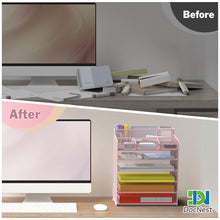 Load image into Gallery viewer, Docnest 6 Tier Mesh Desk Organizer for Paper Office Supplies – Multi-Functional Letter Tray with 5 Adjustable Compartments, 9 Pen Holders, Desktop Storage for Files, Mail, Stationery – Pink
