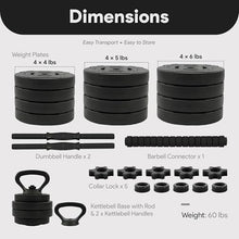 Load image into Gallery viewer, Fitvids Adjustable Dumbbell Set, 60lbs Free Weights Set with Connector, 4 in 1 Changeable Dumbbells and Barbell for Exercise and Fitness, Black/Black
