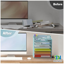 Load image into Gallery viewer, Docnest 6 Tier Mesh Desk Organizer for Paper Office Supplies – Multi-Functional Letter Tray with 5 Adjustable Compartments, 7 Pen Holders, Desktop Storage for Files, Mail, Stationery – Blue
