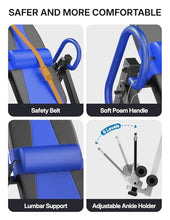 Load image into Gallery viewer, YOLEO Gravity Heavy Duty Inversion Table with Headrest &amp; Adjustable Protective Belt Back Stretcher Machine for Pain Relief Therapy (W1-Blue)
