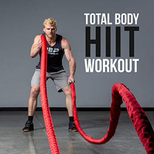 Load image into Gallery viewer, REP Battle Ropes - PolyDacron Battle Rope for Strength and Conditioning Workouts – 1.5" and 2" Diameter, 30ft, 40ft, 50ft Lengths with Optional Cover Sleeve (Red with Sleeve, 1.5 x 30 ft)
