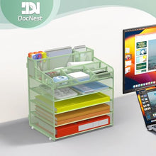 Load image into Gallery viewer, Docnest 5 Tier Mesh Desk Organizer for Paper Office Supplies – Multi-Functional Letter Tray with 5 Adjustable Compartments, 3 Pen Holders, Desktop Storage for Files, Mail, Stationery – Green
