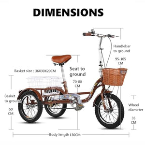 14IN Adult Tricycle Bike for Seniors, Three Wheel Beach Cruiser Bike, Foldable Handlebar Cargo Tricycle, Black