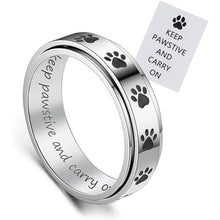 Load image into Gallery viewer, LYTTMAB Keep Pawstive Anxiety Ring for Women &amp; Men - Titanium Stainless Steel Paw Fidget Ring, 6mm Width, Black, Engraved, Size 5
