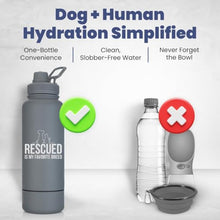 Load image into Gallery viewer, Rescue Dog Lover Water Bottle – 32 oz Stainless Steel Double Wall Insulated with 8 oz Detachable Bowl – Animal Rescue Gifts for Dog or Cat Lovers – “Rescued is My Favorite Breed” – Smoky Grey
