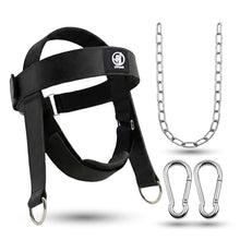 Load image into Gallery viewer, Leather Neck Harness for Weight Lifting – Adjustable Head Strap with Heavy-Duty Steel Chain &amp; Microfiber Padding – Neck Exerciser for Bodybuilding, Boxers &amp; Gym Workout (Black)
