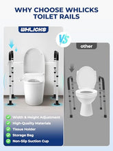 Load image into Gallery viewer, WHLICKS Toilet Safety Rails, Height &amp; Width Adjustable Detachable Toilet Safety Frame for Seniors, Elderly &amp; Disabled, Foldable Handicap Toilet Rails with Handles Storage Bag, Tissue Holder (350LB)
