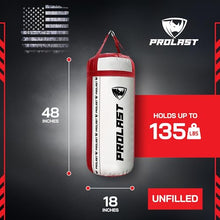 Load image into Gallery viewer, PROLAST 4 Ft 135 Lb XL Heavy Punching Boxing Bag for Adults, MMA, Martial Arts, Muay Thai, Kicking, Strength Training Equipment, Unfilled, New Edition Logo, White and Red
