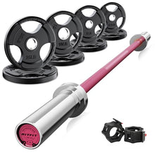 Load image into Gallery viewer, RitFit Barbell Weight Set - 4/6FT Olympic Barbell with Weight Plates (55-115LB Total) - 4FT Pink Bar with 85LB Plates
