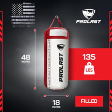 Load image into Gallery viewer, PROLAST 4Ft 135Lb XL Heavy Punching Boxing Bag for Adults, MMA, Martial Arts, Muay Thai, Kicking, Strength Training Equipment, Filled, New Edition Logo, White and Red
