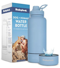 Load image into Gallery viewer, Dog Water Bottle for Dog Lovers - 32 oz Stainless Steel Double Wall Insulated Water Bottle with 8 oz Detachable Bowl on Bottom for Doggy Lovers for Hiking, Walks, Travel - Dusty Blue
