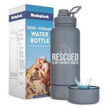 Load image into Gallery viewer, Rescue Dog Lover Water Bottle – 32 oz Stainless Steel Double Wall Insulated with 8 oz Detachable Bowl – Animal Rescue Gifts for Dog or Cat Lovers – “Rescued is My Favorite Breed” – Smoky Grey
