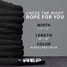 Load image into Gallery viewer, REP Battle Ropes - PolyDacron Battle Rope for Strength and Conditioning Workouts – 1.5" and 2" Diameter, 30ft, 40ft, 50ft Lengths with Optional Cover Sleeve (Black, 1.5 inch x 30 ft)
