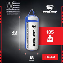 Load image into Gallery viewer, PROLAST 4Ft 135Lb XL Heavy Punching Boxing Bag for Adults, MMA, Martial Arts, Muay Thai, Kicking, Strength Training Equipment, Filled, New Edition Logo, White and Blue
