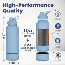 Load image into Gallery viewer, Dog Water Bottle for Dog Lovers - 32 oz Stainless Steel Double Wall Insulated Water Bottle with 8 oz Detachable Bowl on Bottom for Doggy Lovers for Hiking, Walks, Travel - Dusty Blue
