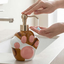 Load image into Gallery viewer, NEWHENGS Paw Shape Soap/Lotion/Hand Sanitizer Metal Pump Dispenser Funny Gifts, Refillable for Cute Kitchen and Bathroom Accessories (Brown/White)
