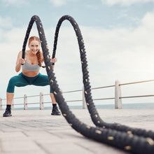 Load image into Gallery viewer, MECCANIXITY Battle Rope 20ft x 1 Inch Polyester Workout Rope Heavy Fitness Exercise Rope for Strength Training Home Gym Muscle Building, Black Yellow
