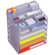 Load image into Gallery viewer, Docnest 6 Tier Mesh Desk Organizer for Paper Office Supplies – Multi-Functional Letter Tray with 5 Adjustable Compartments, 5 Pen Holders, Desktop Storage for Files, Mail, Stationery – Purple
