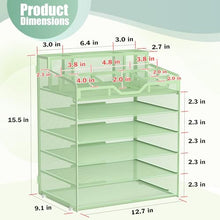 Load image into Gallery viewer, Docnest 6 Tier Mesh Desk Organizer for Paper Office Supplies – Multi-Functional Letter Tray with 5 Adjustable Compartments, 6 Pen Holders, Desktop Storage for Files, Mail, Stationery – Green
