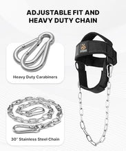 Load image into Gallery viewer, DMoose Fitness Neck Harness for Weight Lifting - Soft Padded Head &amp; Chin Strap with 30" Heavy Duty Steel Chain - Neck Exerciser, Trainer &amp; Strengthener to Support Injury Recovery (Black Legacy)
