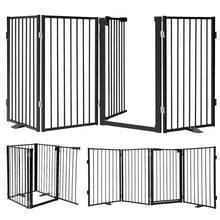 Load image into Gallery viewer, Snagle Paw Metal Freestanding Dog Gate with Door, 80” W x 32” H Dog Fence with Support Feet for Doorways, Stairs and Hallways, Portable Pet Gate for Indoor Use (4 Panel, Black)
