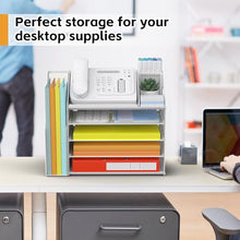 Load image into Gallery viewer, DocNest 5 Tier Paper Letter Tray File Organizer, Mesh Desk File with Handle, Workspace Desk Organizers with Pen Holder, Office Organization Storage Accessories - White
