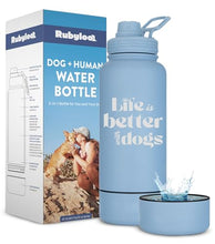 Load image into Gallery viewer, Dog Water Bottle for Dog Lovers - 32 oz Stainless Steel Double Wall Insulated Water Bottle with 8 oz Detachable Bowl - Doggy Lover Gift for Hiking, Walking, Travel - “Life is Better” - Dusty Blue
