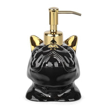Load image into Gallery viewer, NEWHENGS French Bulldog Shaped Soap/Lotion/Hand Sanitizer Bulldog Ceramic Stainless Steel Pump Dispenser Gifts for Lover, Refillable for Kitchen and Bathroom(Gold/Black)
