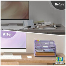 Load image into Gallery viewer, Docnest 3 Tier Mesh Desk Organizer for Paper Office Supplies – Multi-Functional Letter Tray with 5 Adjustable Compartments, 3 Pen Holders, Desktop Storage for Files, Mail, Stationery – Purple
