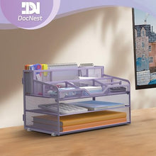 Load image into Gallery viewer, Docnest 3 Tier Mesh Desk Organizer for Paper Office Supplies – Multi-Functional Letter Tray with 5 Adjustable Compartments, 3 Pen Holders, Desktop Storage for Files, Mail, Stationery – Purple
