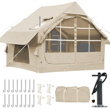Load image into Gallery viewer, Blow Up Tent with Skylight and Stove Jack,4-6 Person Inflatable Camping Hot Tent with Pump,Easy Setup Family Camping Tent 4 Season Waterproof Outdoor Tents,Beige
