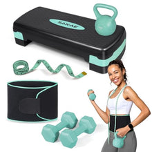 Load image into Gallery viewer, Adjustable Exercise Stepper Kit with Dumbbells &amp; Kettlebell &amp; Weightlifting Belt &amp; Measuring Tape, 2 Level Risers Aerobics Step Platform for Home Gym Exercise Fitness Workout, Green Black
