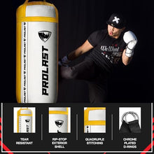 Load image into Gallery viewer, PROLAST 4Ft 135Lb XL Heavy Punching Boxing Bag for Adults, MMA, Martial Arts, Muay Thai, Kicking, Strength Training Equipment, Filled, New Edition Logo, White and Yellow
