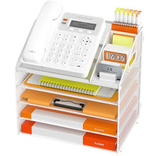 Load image into Gallery viewer, DocNest 5 Tier Metal Mesh Letter Tray - Space Saving Desk File Organizer with Handle, Pen Holder &amp; Folder Holder - Desktop Document Sorter for Office, Home, School, Classroom - White
