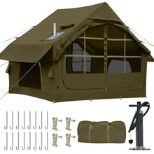 Load image into Gallery viewer, Blow Up Tent with Skylight and Stove Jack,4-6 Person Inflatable Camping Hot Tent with Pump,Easy Setup Family Camping Tent 4 Season Waterproof Outdoor Tents,Green
