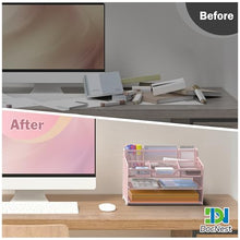 Load image into Gallery viewer, Docnest 3 Tier Mesh Desk Organizer for Paper Office Supplies – Multi-Functional Letter Tray with 5 Adjustable Compartments, 3 Pen Holders, Desktop Storage for Files, Mail, Stationery – Pink
