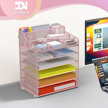 Load image into Gallery viewer, Docnest 6 Tier Mesh Desk Organizer for Paper Office Supplies – Multi-Functional Letter Tray with 5 Adjustable Compartments, 9 Pen Holders, Desktop Storage for Files, Mail, Stationery – Pink
